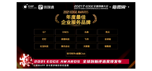 氚云荣获钛媒体2021 EDGE  AWARDS“年度最佳企业服务品牌”。